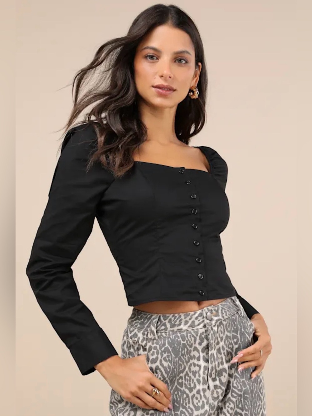 Lulus Demure and Sweet Black Button Front Long Sleeve Top Size Small